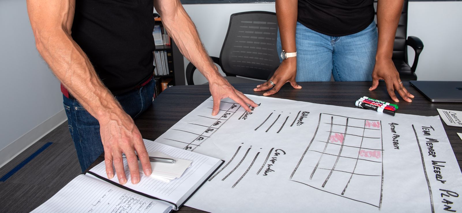 Two sets of hands over a white paper chart on a conference room table