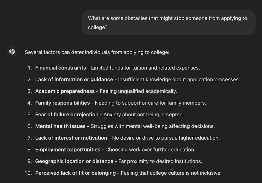 Screenshot of a ChatGPT conversation regarding obstacles to applying to college.