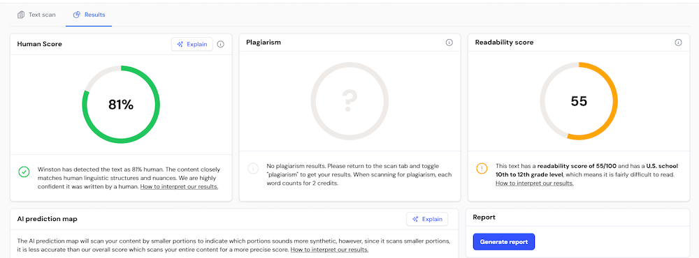 Winston AI results showing 81% human score and 55 readability score.