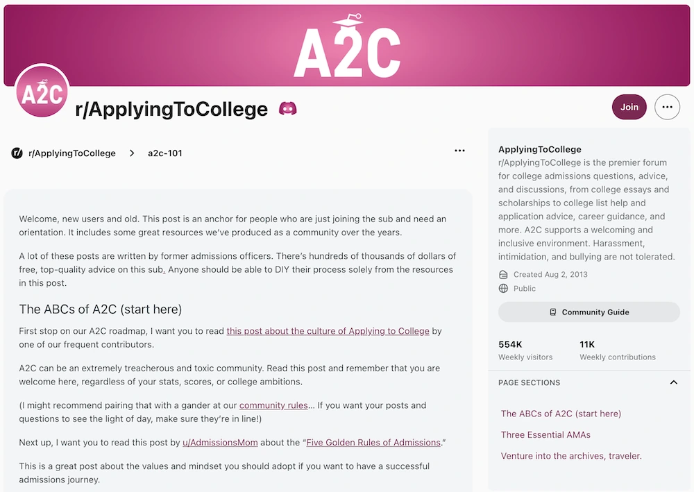 A screenshot of the welcome page for the “ApplyingToCollege” subreddit, with links to helpful resources and information about the community.