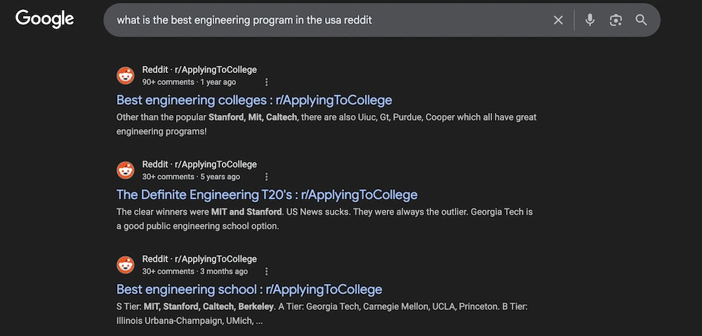 Screen shot of a Google search for “what is the best engineering program in the usa reddit,” with the results containing several links to Reddit posts on exactly that topic.