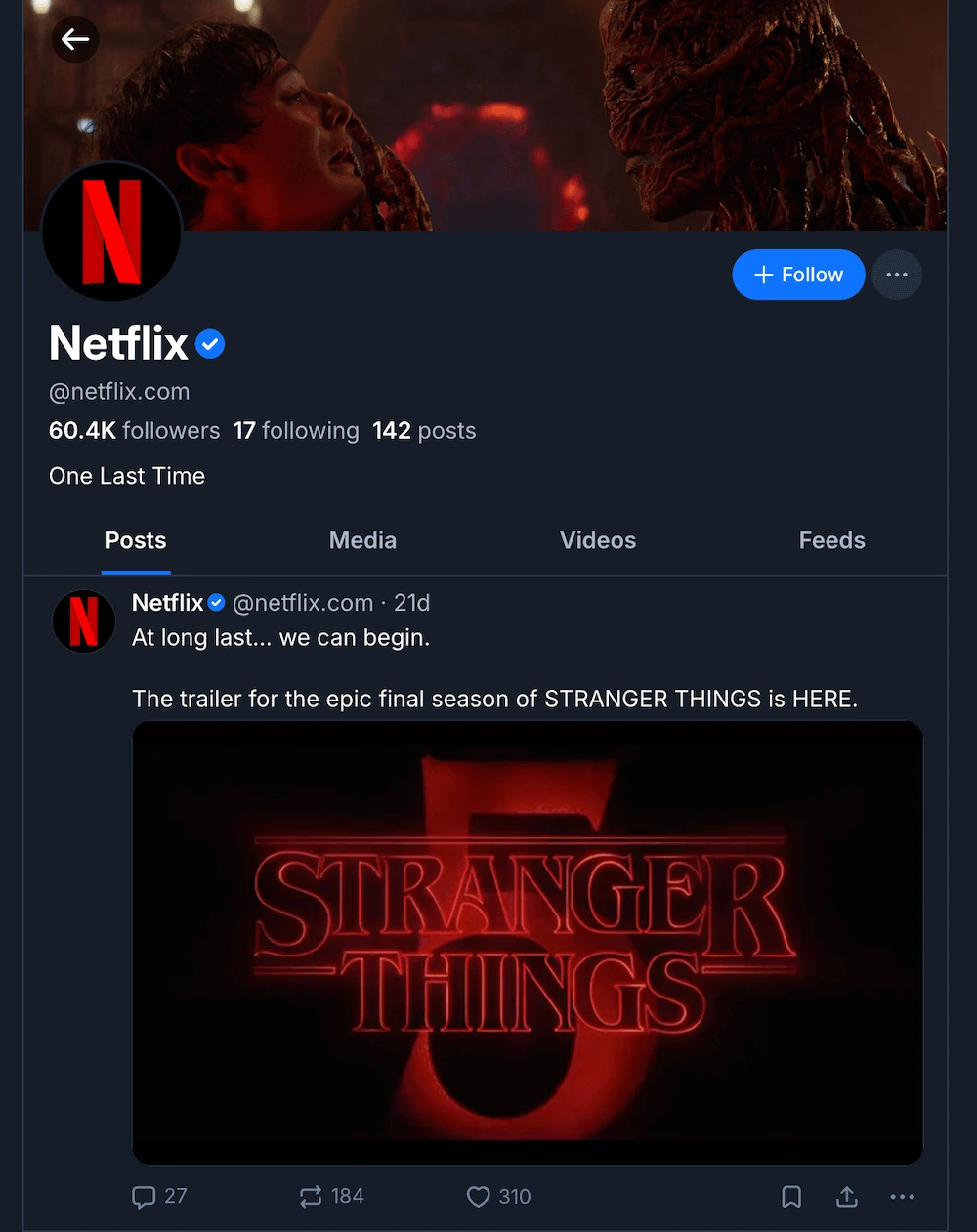 Screenshot of Netflix’s Bluesky profile, featuring branding related to the upcoming season of the show Stranger Things.