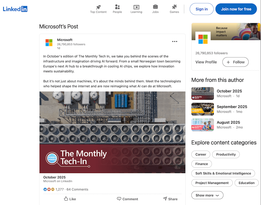 Screenshot of a LinkedIn post by Microsoft on the topic of AI infrastructure.