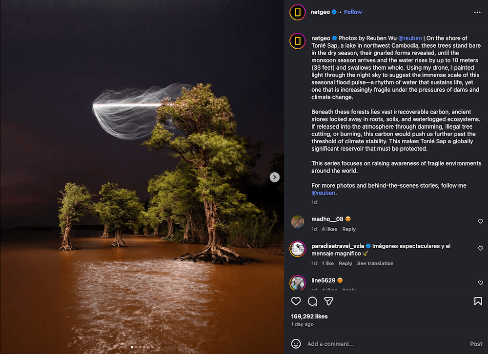 Screenshot of a National Geographic Instagram post featuring giant, gnarled trees illuminated by supernatural light alongside an informative caption and follower comments.