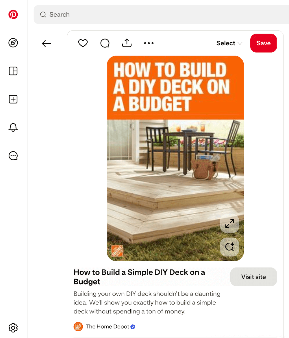 Screenshot of a Pinterest post by Home Depot advertising DIY guidance on how to build a deck.