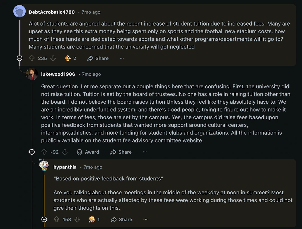 Screenshot of a Reddit thread featuring a conversation between university students and a university president, with the students asking pointed questions about university governance and the president responding with tone-deaf claims about how raising tuition will benefit students.