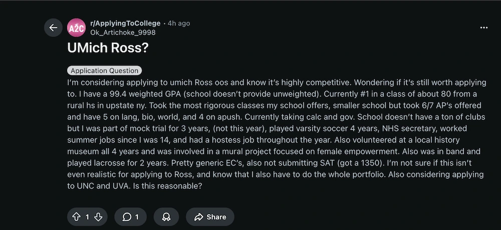 Screenshot of a Reddit thread where a user has asked for perspective about a school they are considering applying to.