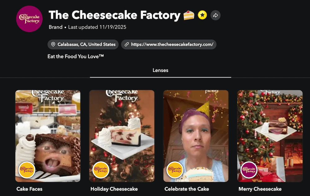 Screenshot of a number of Cheesecake Factory-related Snapchat lenses that merge people’s faces with pieces of cheesecake.
