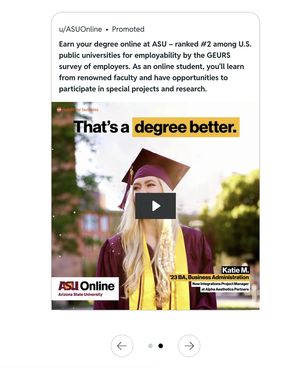 Screenshot of a paid Reddit advertisement for Arizona State University, depicting attractive marketing copy and an embedded video.