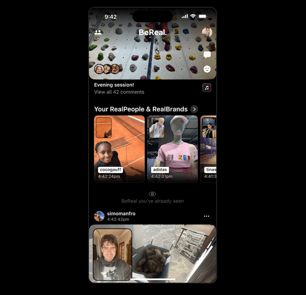 Screenshot of a smartphone depicting the BeReal app interface, including images of the tennis star Coco Gauff on a tennis court and the brand Adidas showing pictures of in-store merchandise.