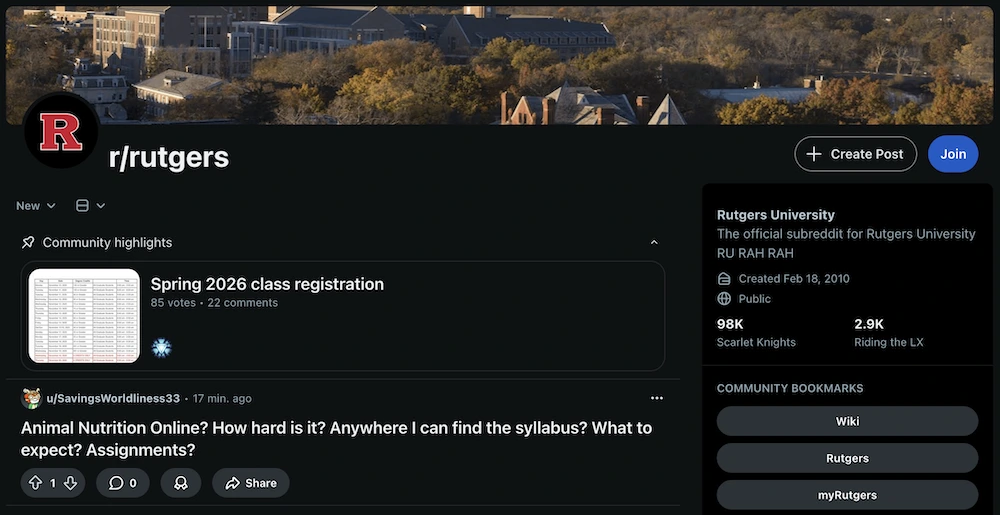 Screenshot of a subreddit for Rutgers University, depicting a pinned thread referencing course registration, a student post asking about a specific class, and other useful resources.