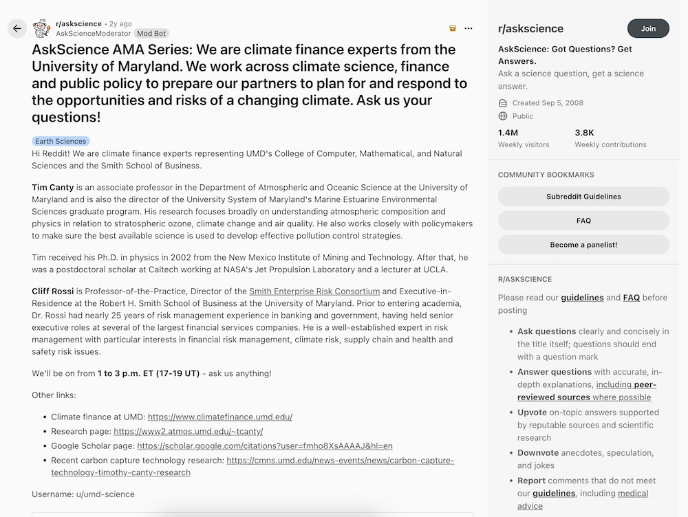 Screenshot of an ask-me-anything thread on the “AskScience” subreddit; the event is hosted by professors from the University of Maryland answering questions related to climate science, finance and public policy.