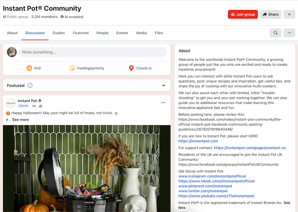 Screenshot of the Instant Pot Facebook Group homepage, featuring images of the product, community rules, and other related information.