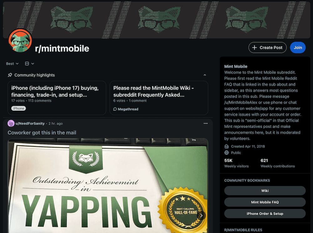 Screenshot of the semi-official Mint Mobile Reddit page featuring user posts, community rules, and other related information.