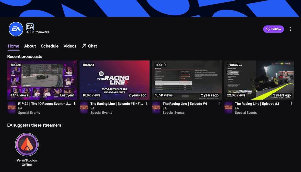 Screenshot of video game company EA’s Twitch profile, featuring thumbnail links to past streaming events related to car racing video games.