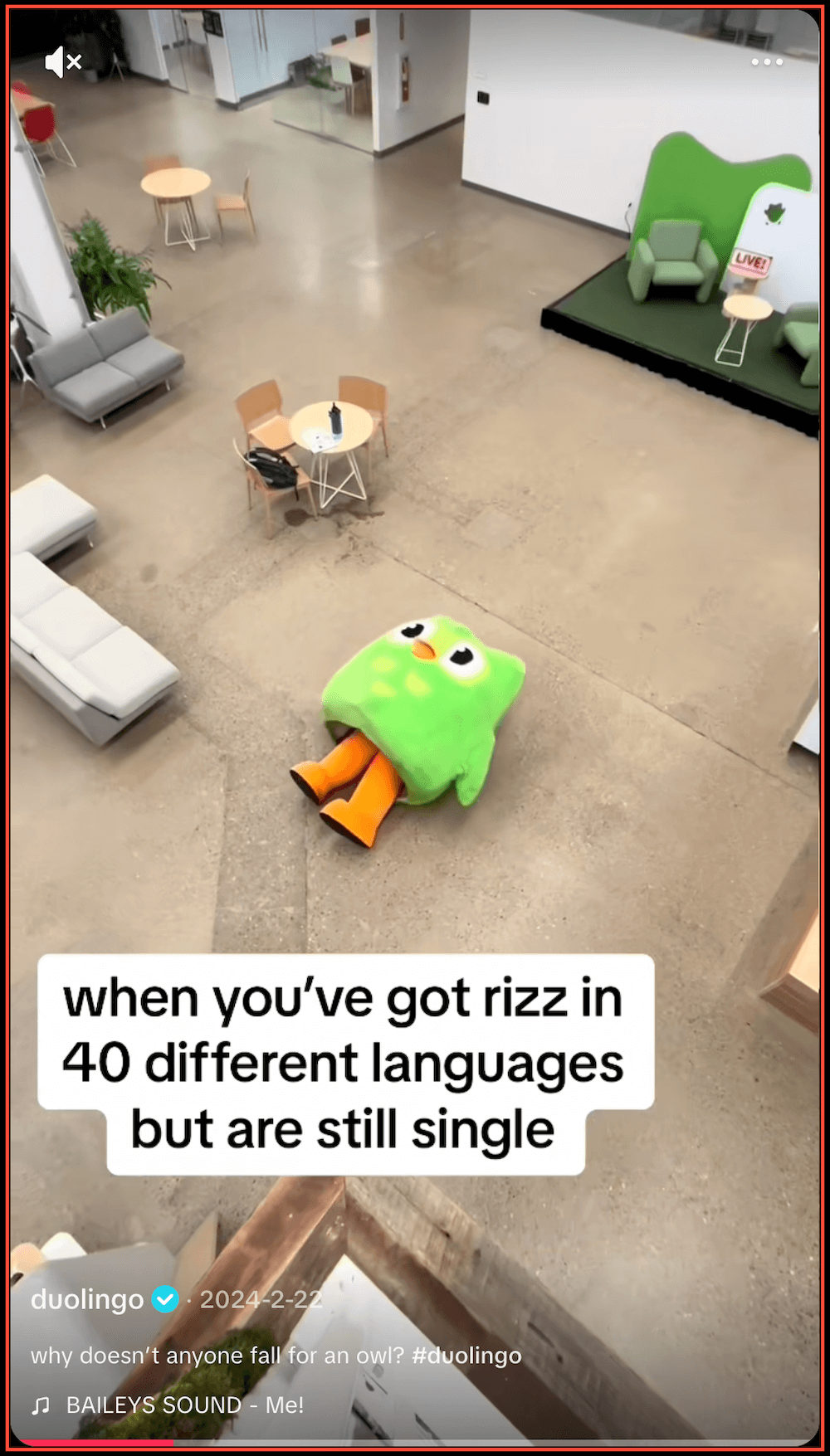 Screenshot of a TikTok clip depicting the Duolingo mascot lying on the floor of an office with text on the screen that reads “when you’ve got rizz in 40 different languages but are still single.”