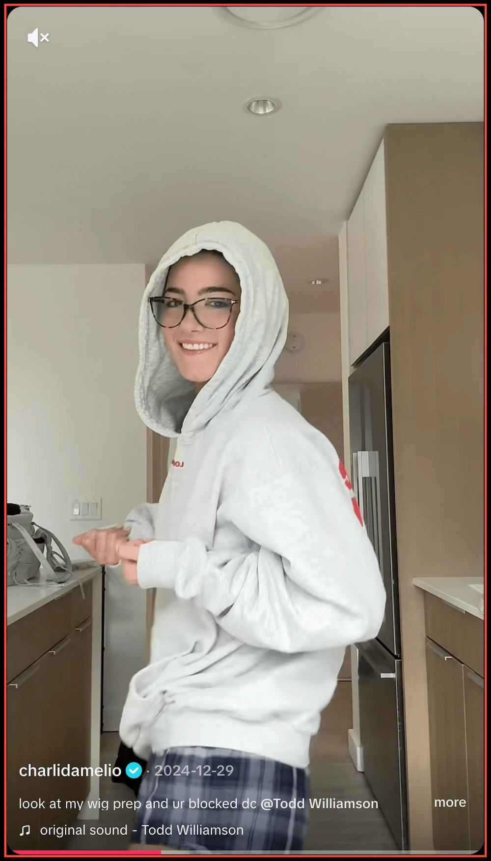 Screenshot of a TikTok video depicting Charli D’Amelio wearing a hoodie and dancing in a kitchen.