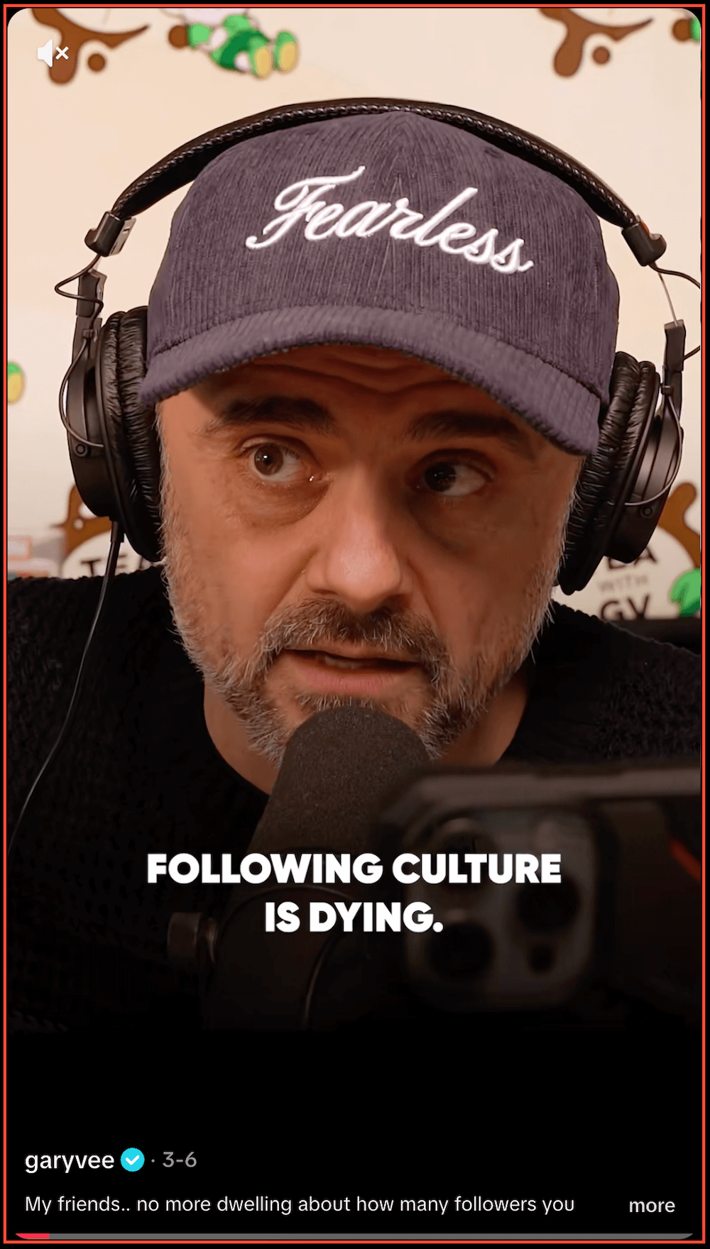 Screenshot of a TikTok video with GaryVee speaking into a microphone with text on the screen that reads “follower culture is dying.”