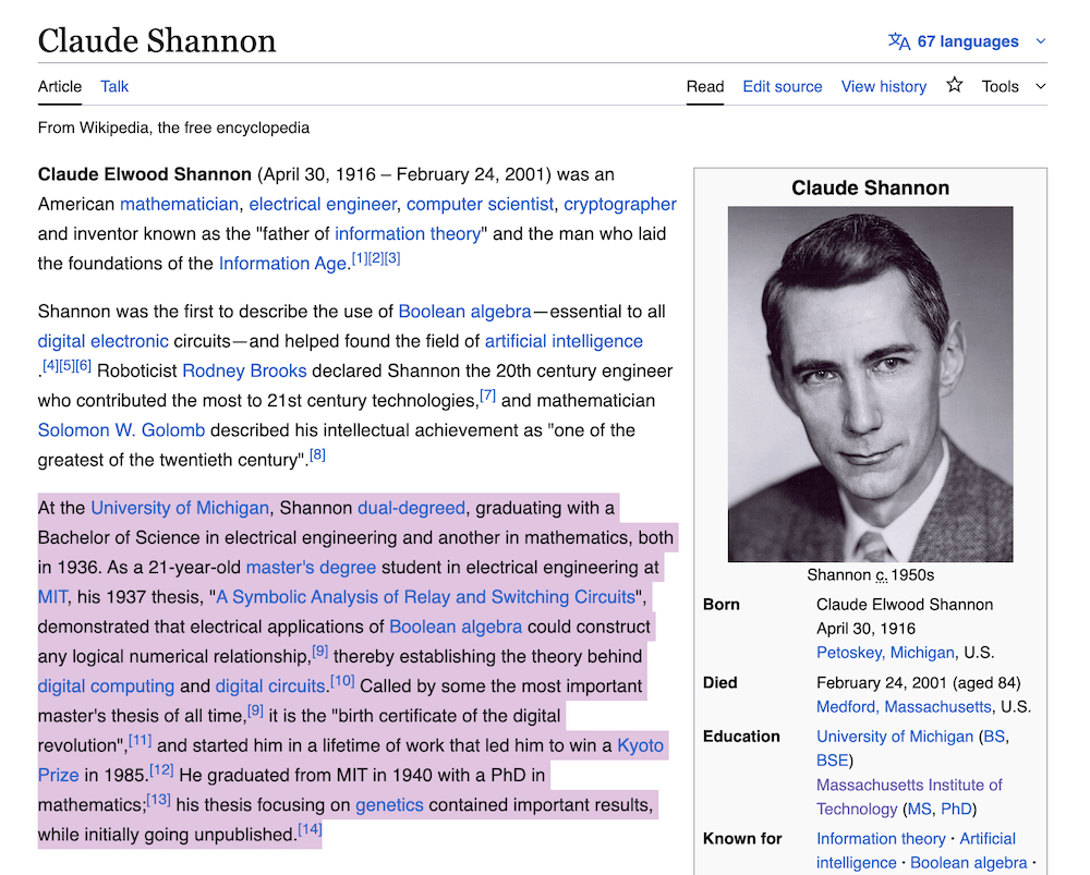 Screenshot of Claude Shannon’s Wikipedia article, with references to the schools he attended—namely the University of Michigan and Massachusetts Institute of Technology.