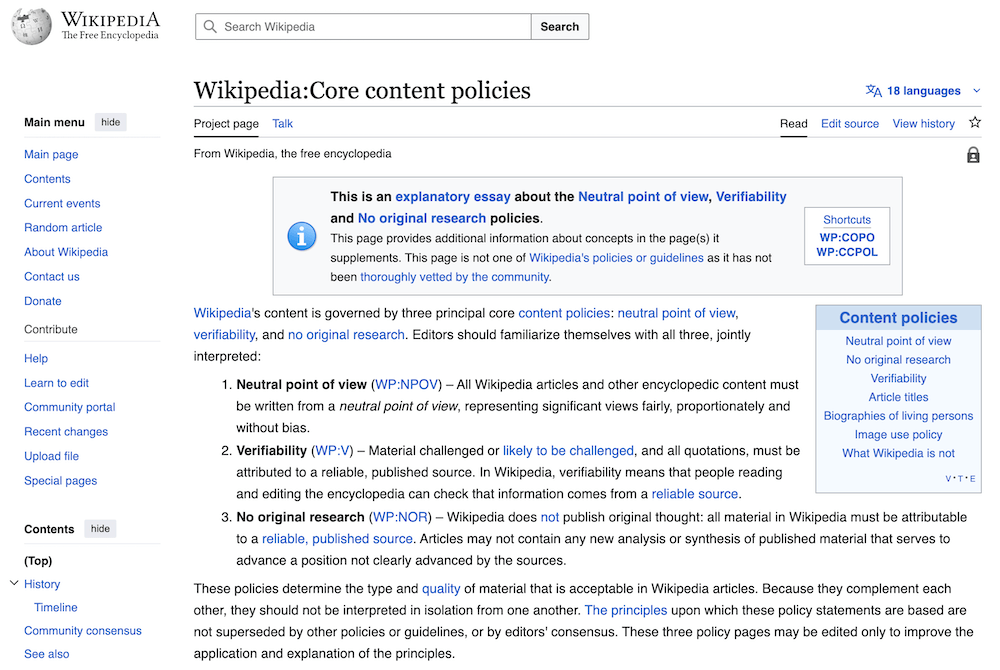 Screenshot of Wikipedia’s core content policies—neutral point of view, verifiability, and no original research—with detailed descriptions of each.