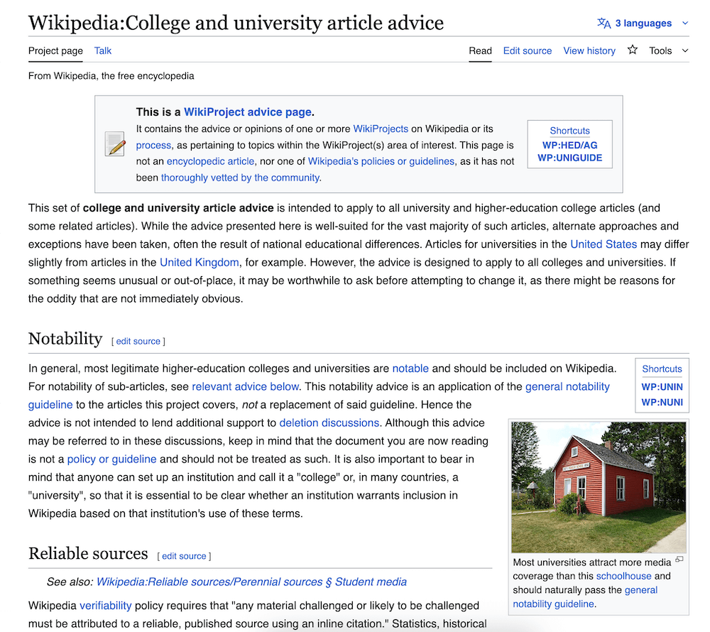Screenshot of Wikipedia’s guidelines for articles about colleges and universities, specifically depicting guidance on notability and reliable sourcing.