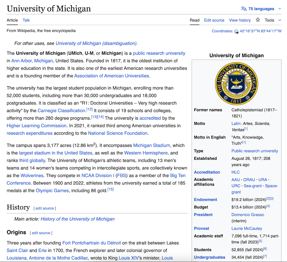 Screenshot of a Wikipedia article for the University of Michigan, depicting the school’s official seal, a high-level overview, and key statistics regarding enrollment, faculty levels, and more.